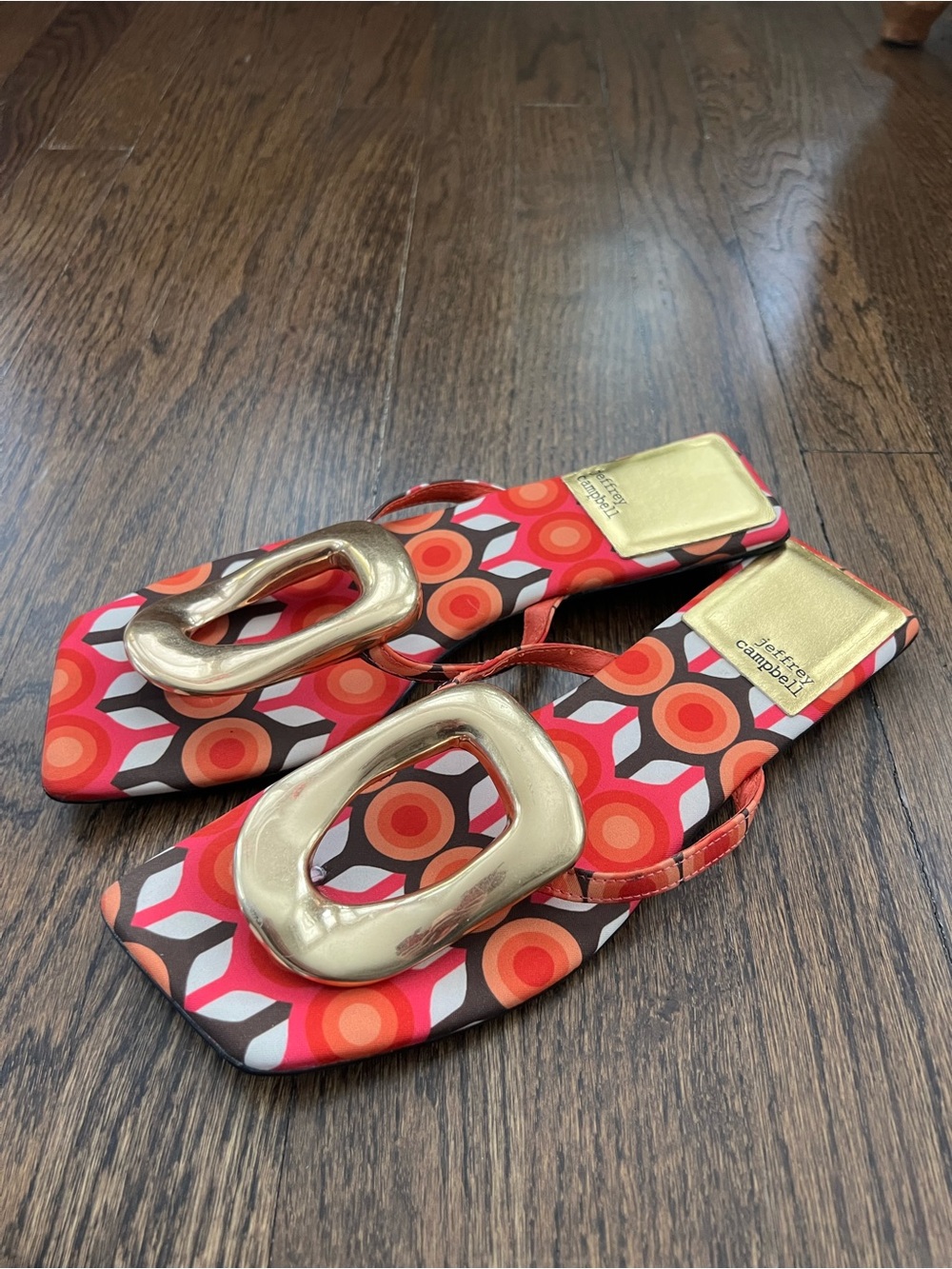 Jeffrey Campbell Red & Orange Geometric Slide Sandals with Gold Oval Accent - Picture 2 of 9